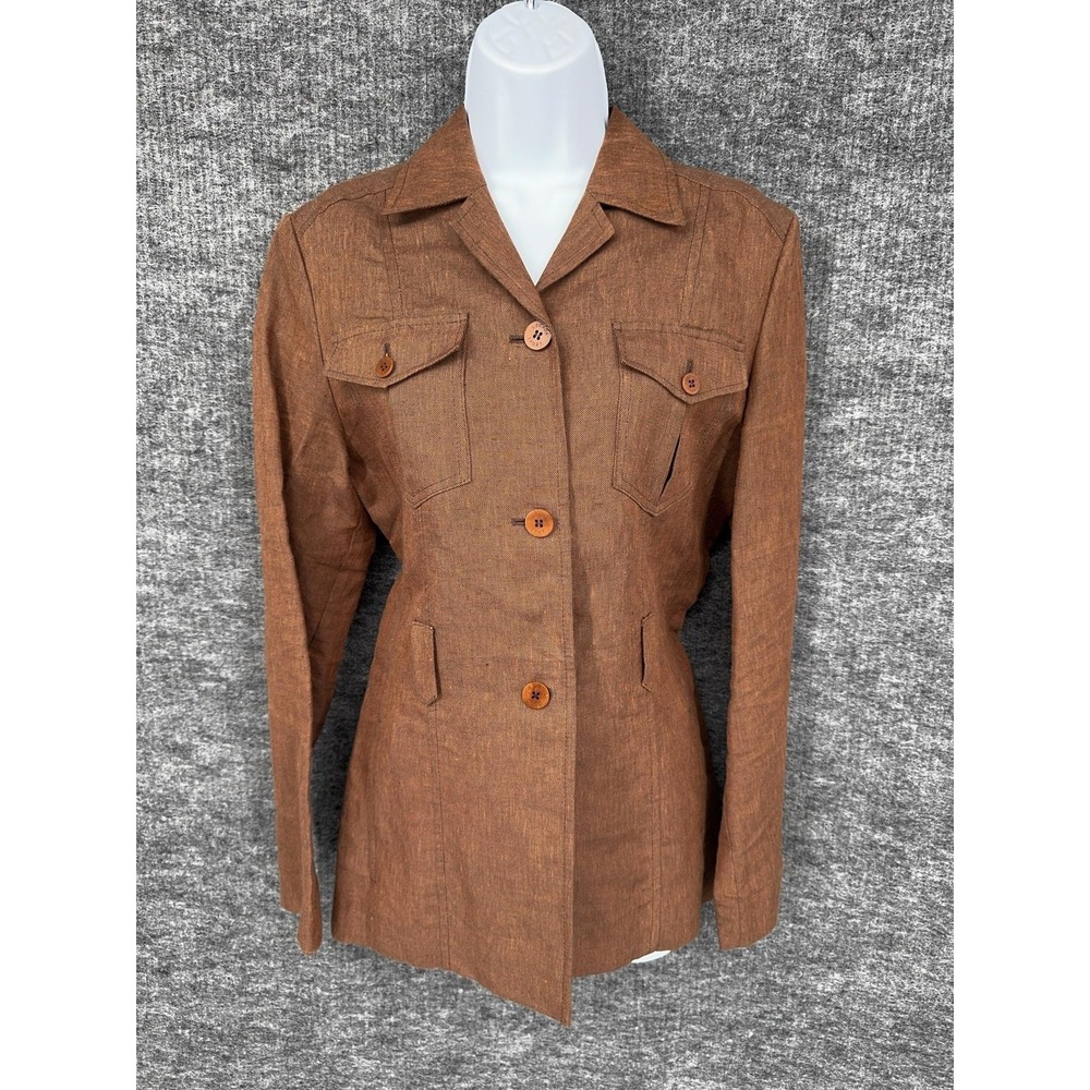 Escada Sport Blazer Womens Small 36 Brown Linen 3 Button Safari Utility Jacket